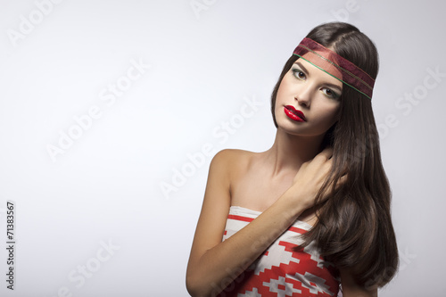 Portrait of the girl with the Belarusian flag and ribbon in her