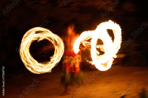 Fire show in famous Hina cave, blurred motion, Oholei beach, Ton photo