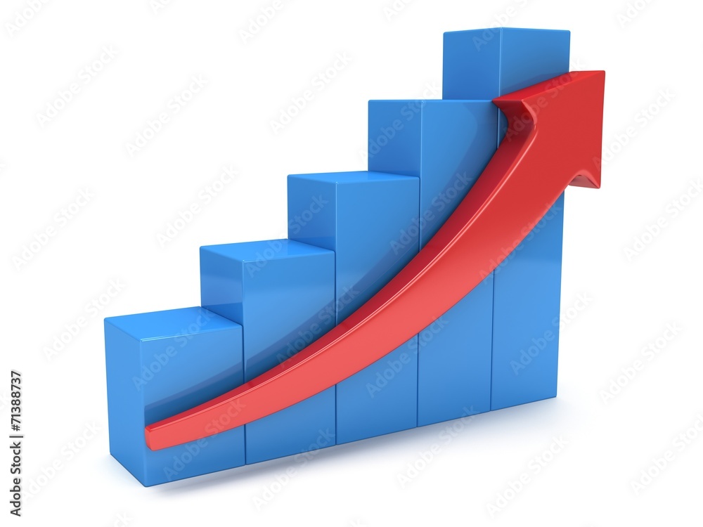 Blue bar graph with red arrow Blue bar graph with red arrow