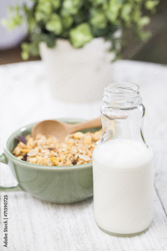 Breakfast of cornflakes, milk on the table Breakfast of cornflakes, milk on the table
