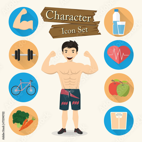 Muscular man character Icon set vector