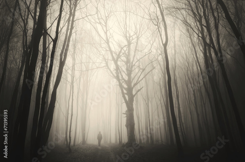 man walking past a huge old tree in a dark spooky forest