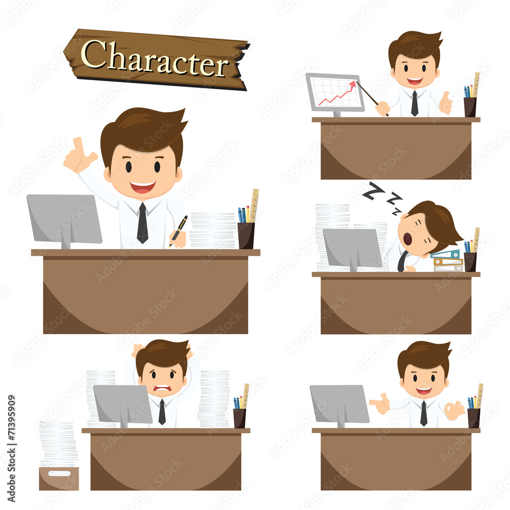 Businessman character on office set vector Businessman character on office set vector