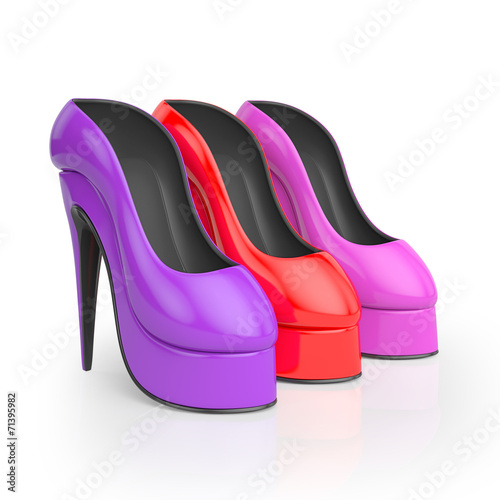 3d illustration. Group of colored women's shoes on a white backg
