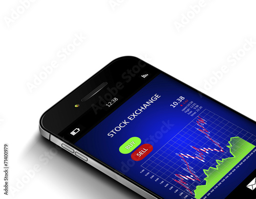 mobile phone with stock market chart isolated over white