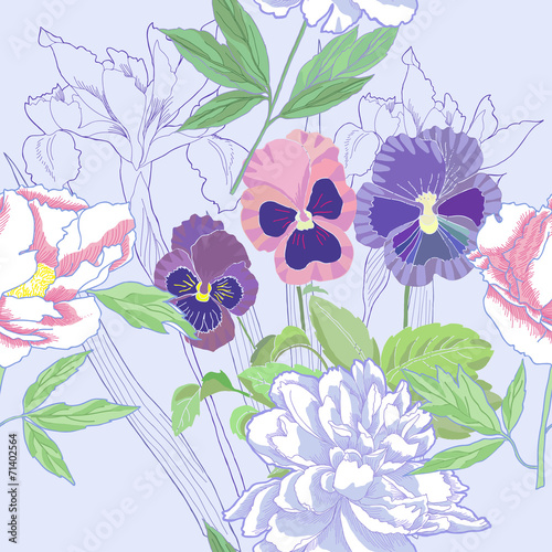 Blue seamless pattern  with peonies and pansy