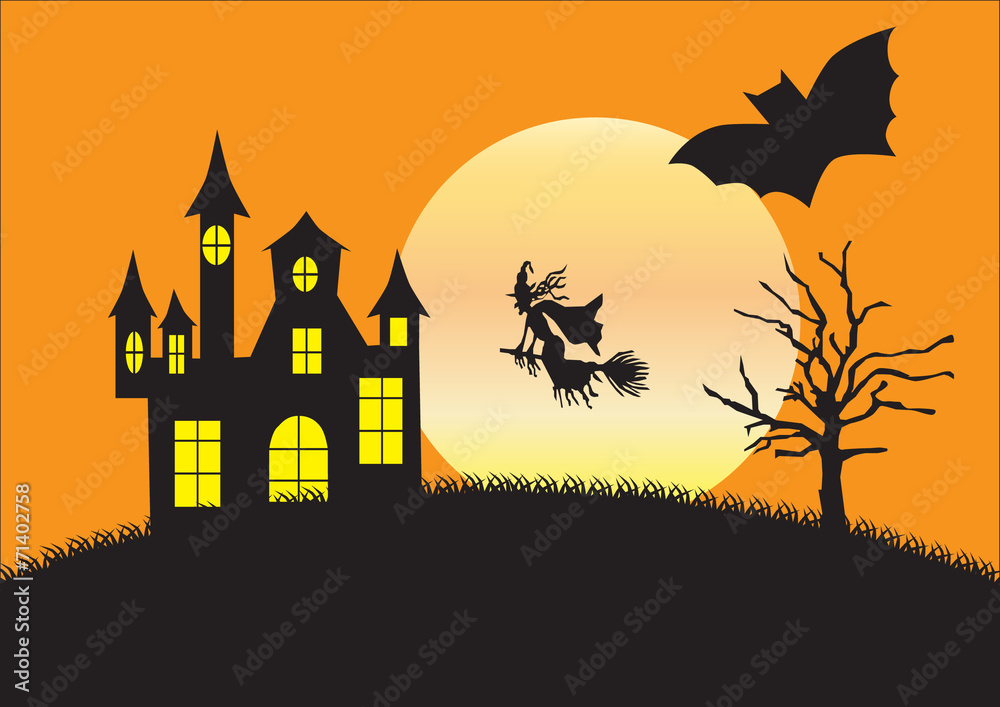 Silhouette of strange house, witch and bat Silhouette of strange house, witch and bat