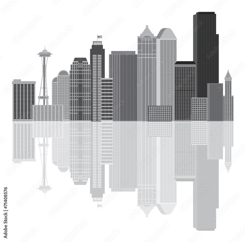 Naklejka premium Seattle City Skyline Grayscale Vector Illustration