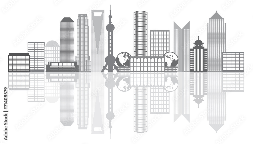 Naklejka premium Shanghai City Skyline Grayscale Outline Vector Illustration