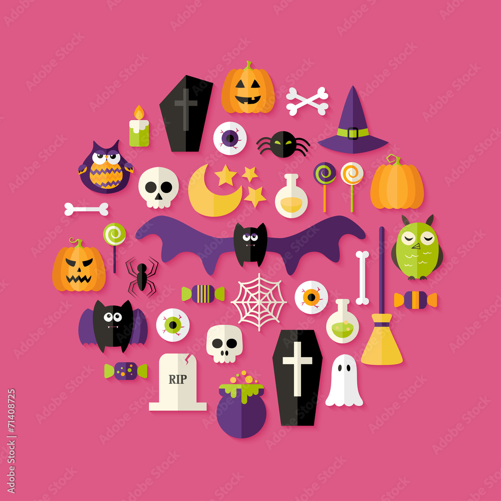 Halloween Flat Icons Set Over Pink
