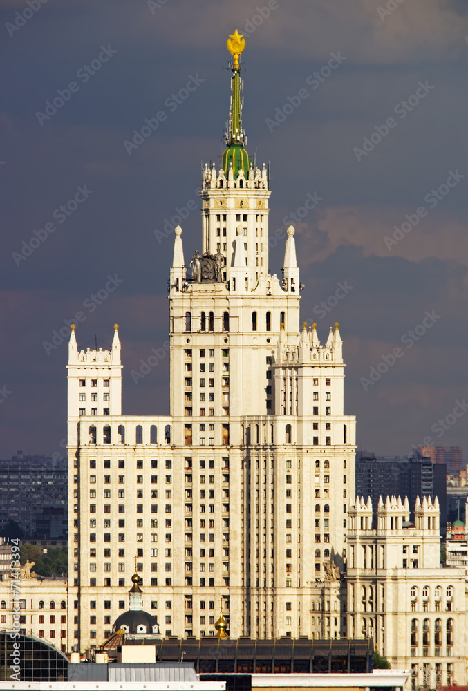 Highrise tower in the Moscow city center with stormy skies