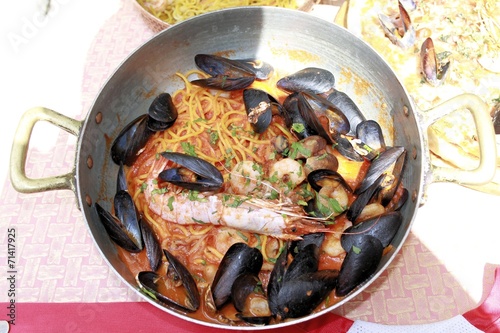 spaghetti with mussels, clams and prawns photo