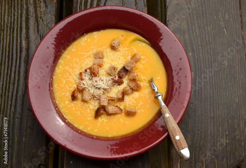 orange pumpkin soup with croutons