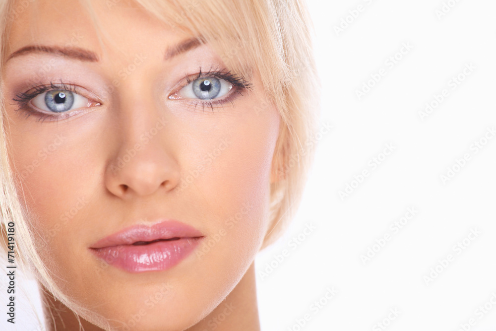 Close up portrait of beautiful young woman face. Isolated on Close up portrait of beautiful young woman face. Isolated on