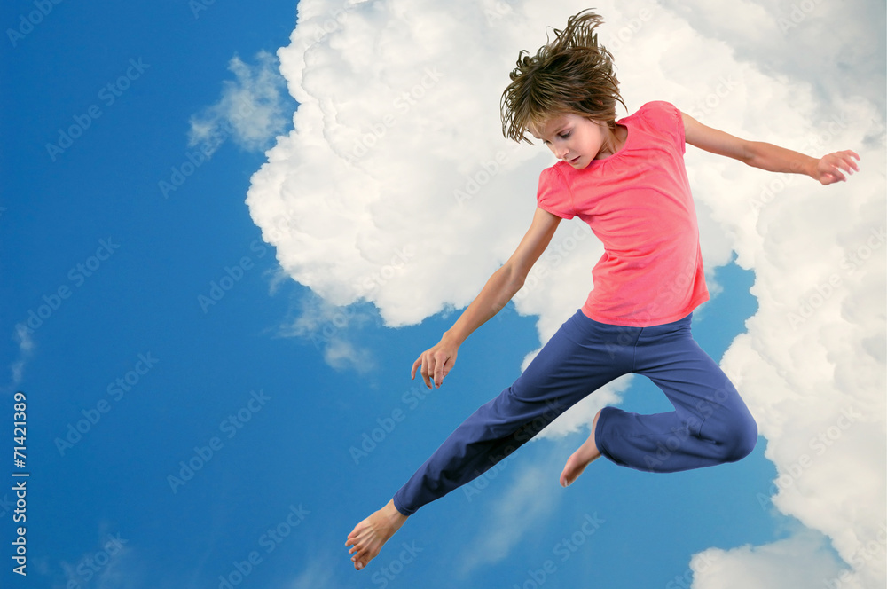 cute young dancer girl jumping against bue sky cute young dancer girl jumping against bue sky