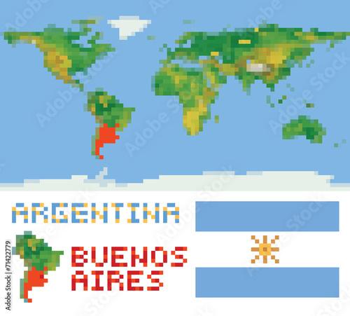 Argentina on physical world map, shape flag and capital buenos