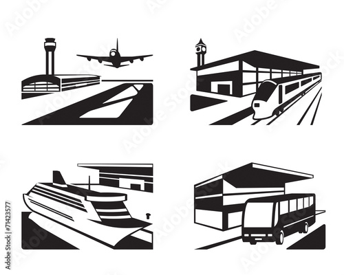 Transport stations with vehicles in perspective