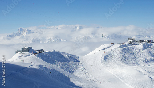 Cable car station on the top of swiss mountains with mont blanc