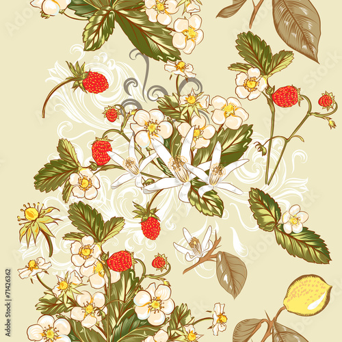 Seamless wallpaper pattern with wild strawberry