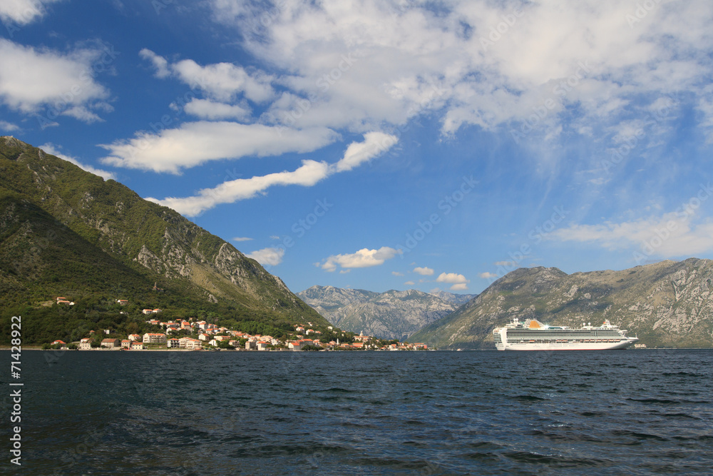 Beautiful white passenger liner in the Bay of Kotor, Montenegro