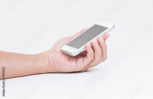 Man hand hold mobile phone on white background