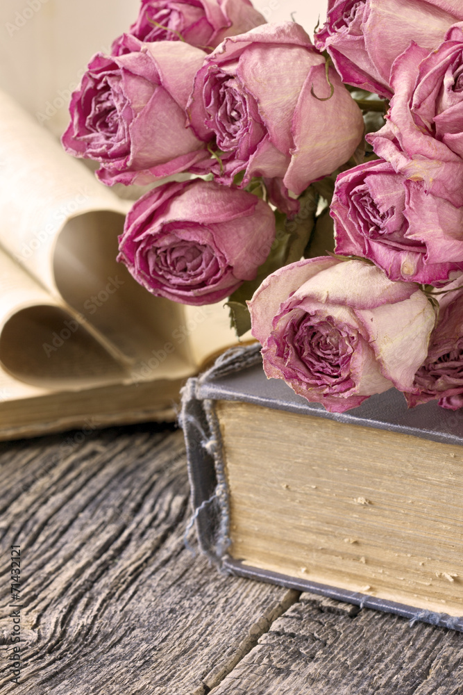 Dry roses and books - obrazy, fototapety, plakaty 