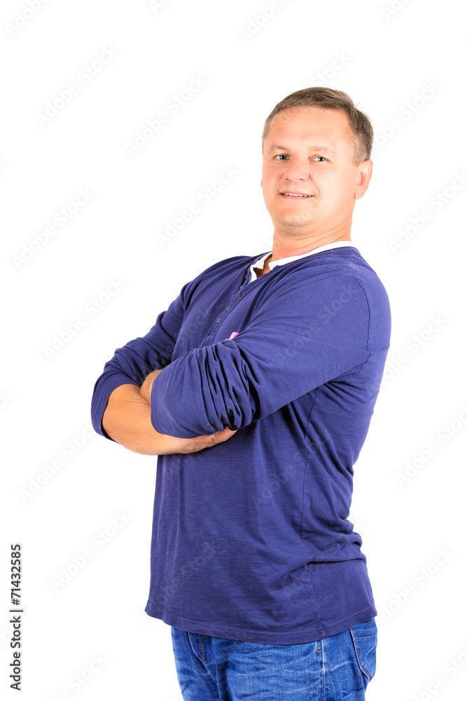 Casually dressed middle aged man side view in blue Casually dressed middle aged man side view in blue