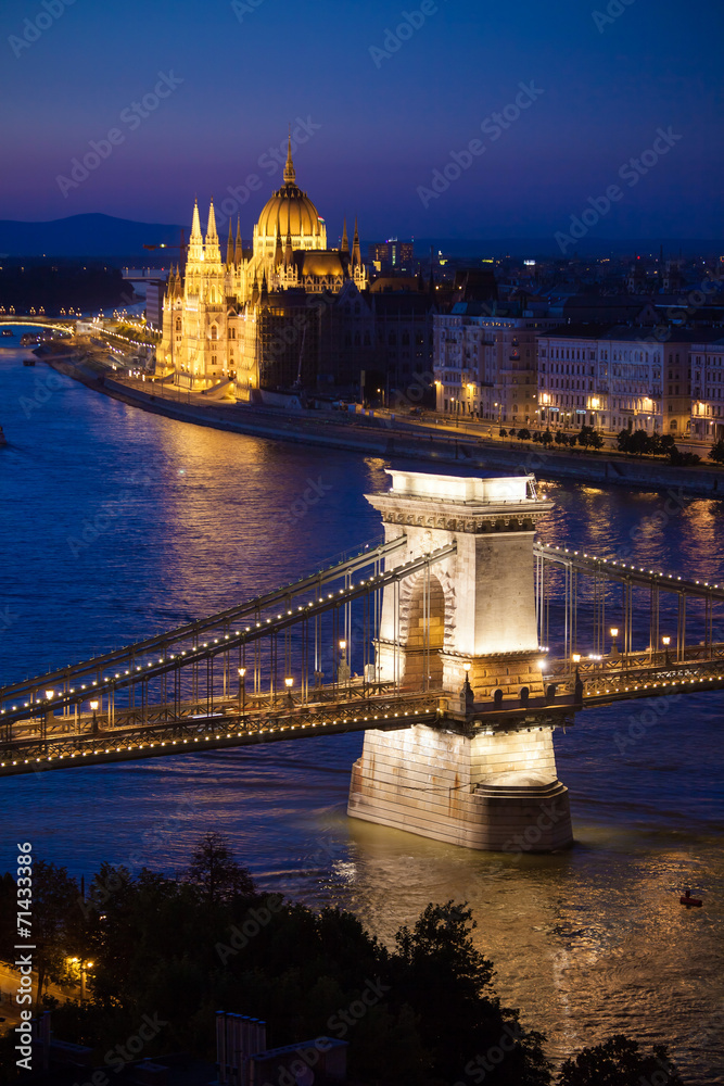 Budapest cityscape sunset with Chain Bridge in front over Danube