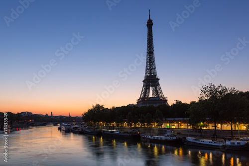 Eiffel Tower and Seine River before Dawn in Paris  France