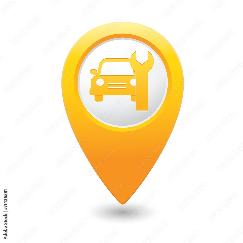 Car service. Car with tool icon on yellow map pointer Car service. Car with tool icon on yellow map pointer
