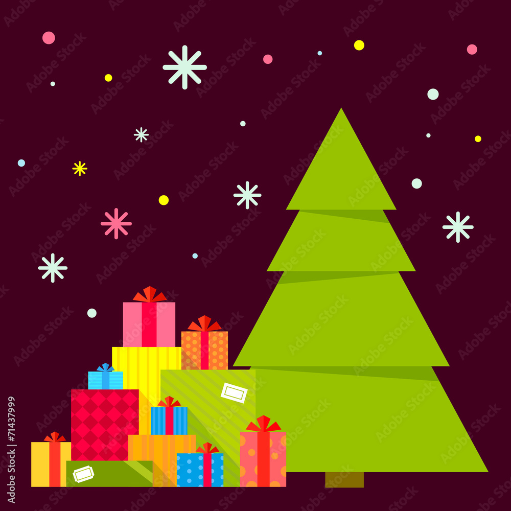 Vector illustration of the Christmas tree and piles of presents