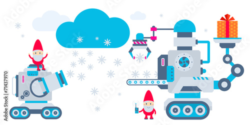 Vector horizontal illustration of the gnome operates the machine