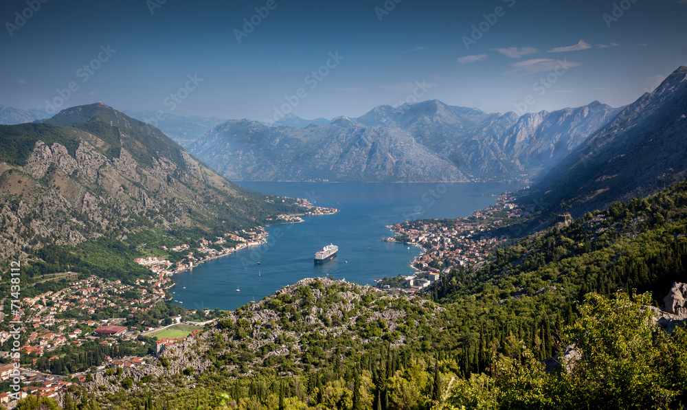 view on Kotor harbor at sunny day from mountain Lovcen