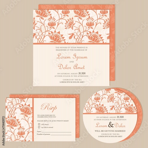 Set of wedding invitation, thank you, RSVP card, save the date