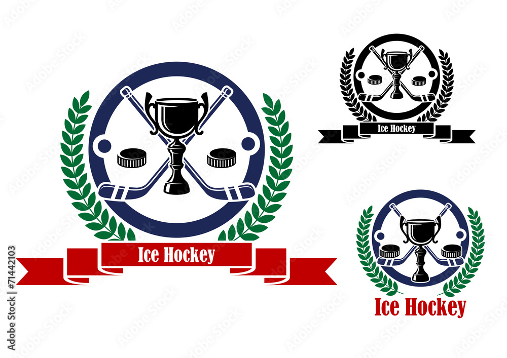Ice Hockey emblems with trophy and wreath