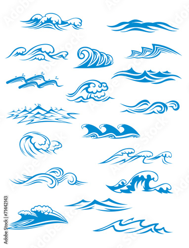 Ocean or sea waves, surf and splashes set