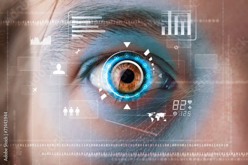 Fototapeta Naklejka Na Ścianę i Meble -  Futuristic modern cyber man with technology screen eye panel