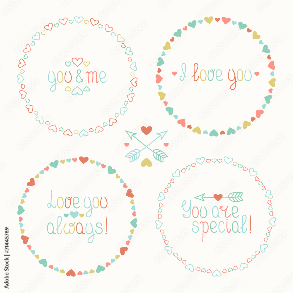 Hand drawn frame of romantic pattern with hearts. Vector set of Hand drawn frame of romantic pattern with hearts. Vector set of