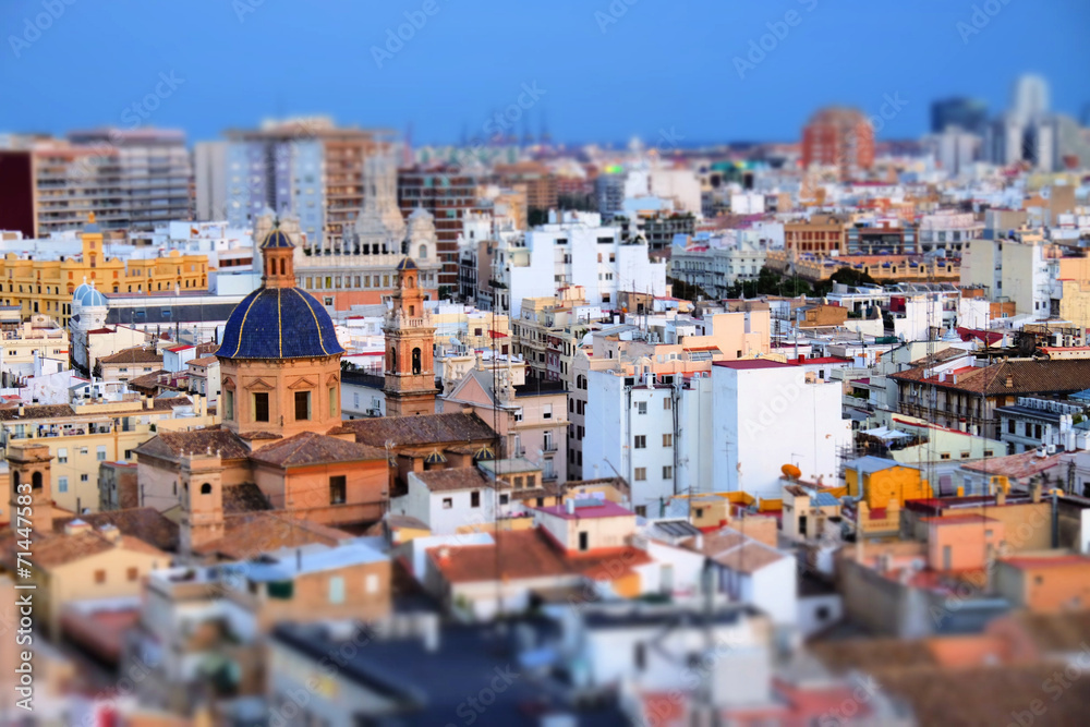 Miniature effect of St. Thomas Church in Valencia, Spain