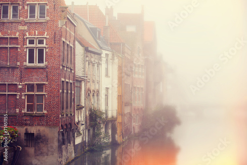 Houses in Belgium, in fog