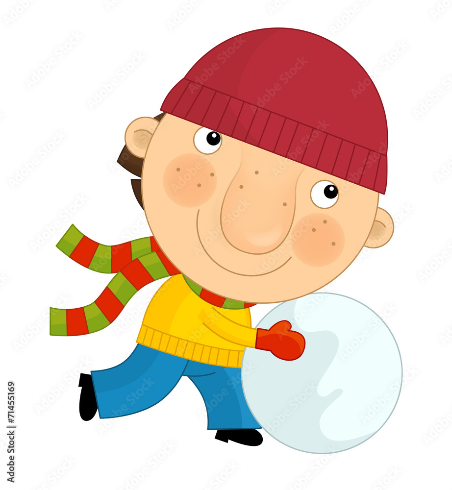 Cartoon happy and funny child - isolated - winter clothes - kid is building a snowman - illustration for children Cartoon happy and funny child - isolated - winter clothes - kid is building a snowman - illustration for children