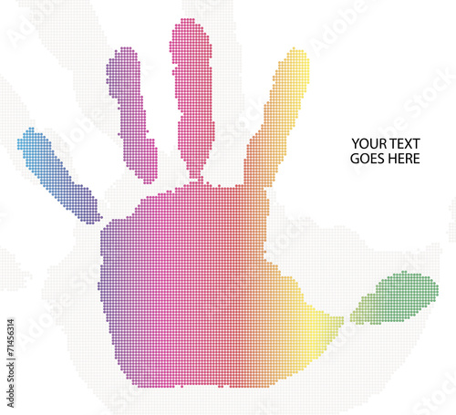 Color halftone imprint of neon hand, vector illustration