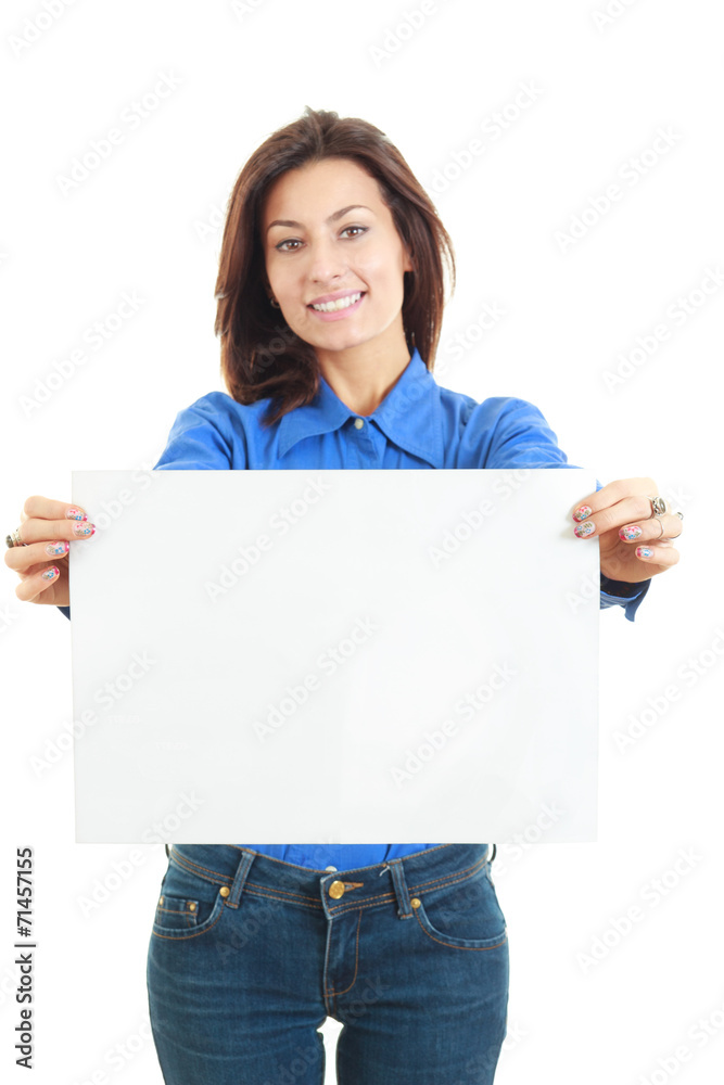 Beautiful smiling woman holding blank white board
