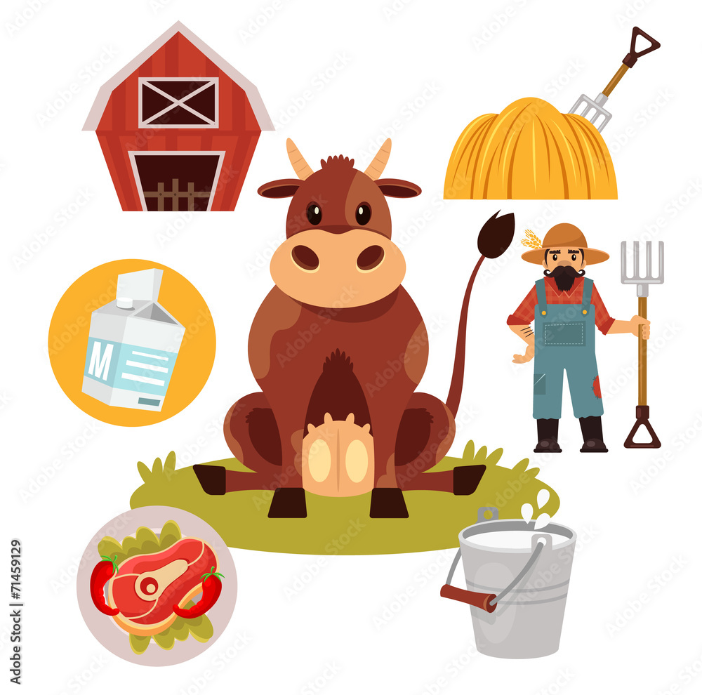 Stock vector farm cow flat illustration simple icon set Stock vector farm cow flat illustration simple icon set
