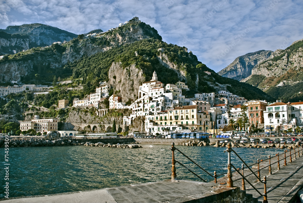 View of Amalfi town from pier.