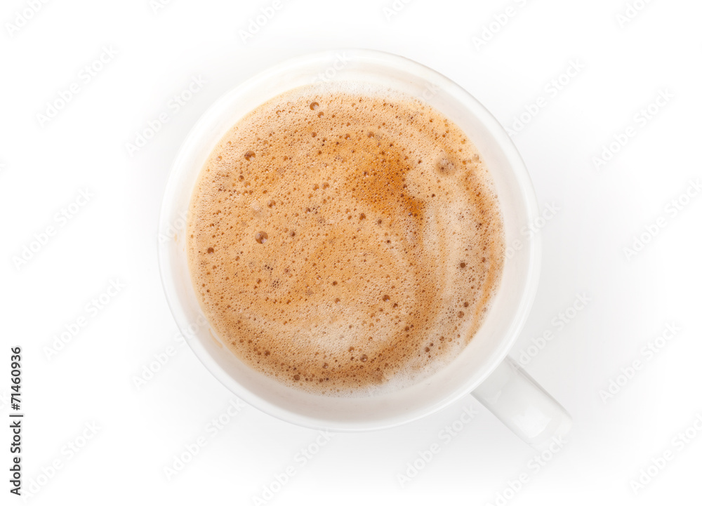 Small espresso coffee cup. Top view on white table background Small espresso coffee cup. Top view on white table background
