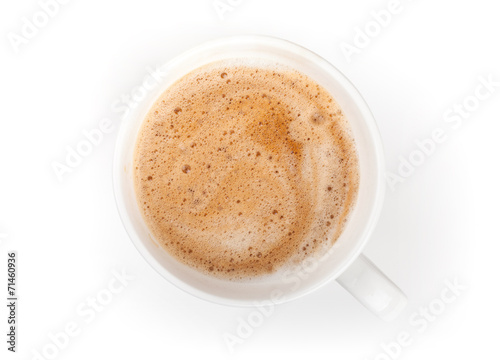 Small espresso coffee cup. Top view on white table background