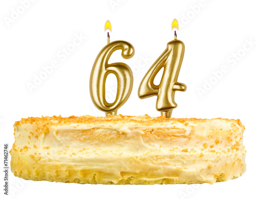 birthday cake with candles number sixty four isolated on white photo