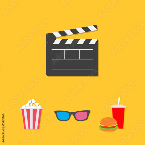 Open movie clapper board 3D glasses popcorn soda hamburger Flat 