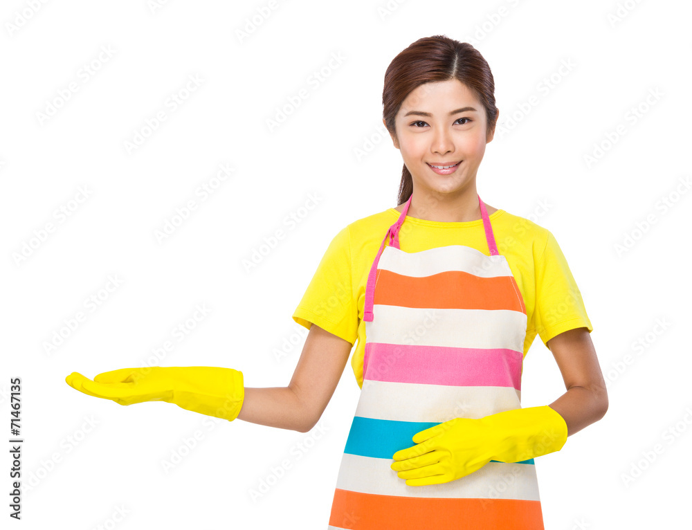 Asian housewife with hand show with blank sign Asian housewife with hand show with blank sign